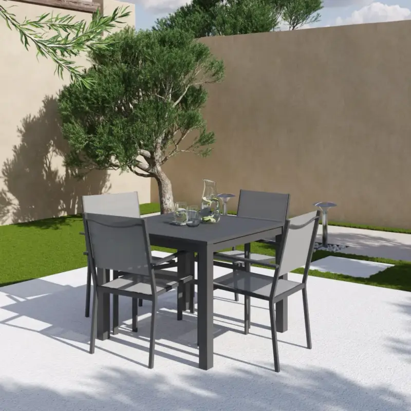 Set da esterno grigio con tavolo 90x90x74 cm e 4 sedie in alluminio con textilene e braccioli squadrati | Marel Must-Have