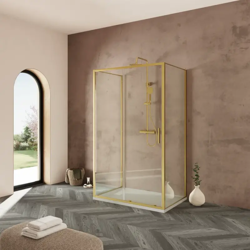 Novità Box doccia tre lati 70x140x70cm con porta scorrevole profili oro spazzolato vetro 6mm trasparente anticalcare h190| Portofino