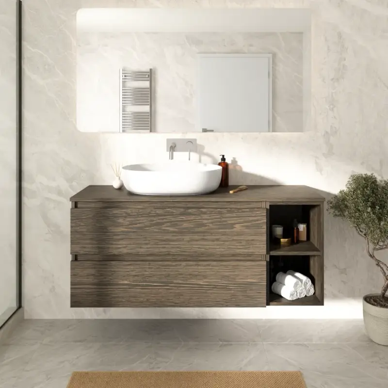 Più Venduto Mobile bagno sospeso 100cm due cassetti con top e vano a giorno rovere scuro vintage wenge | Hexa