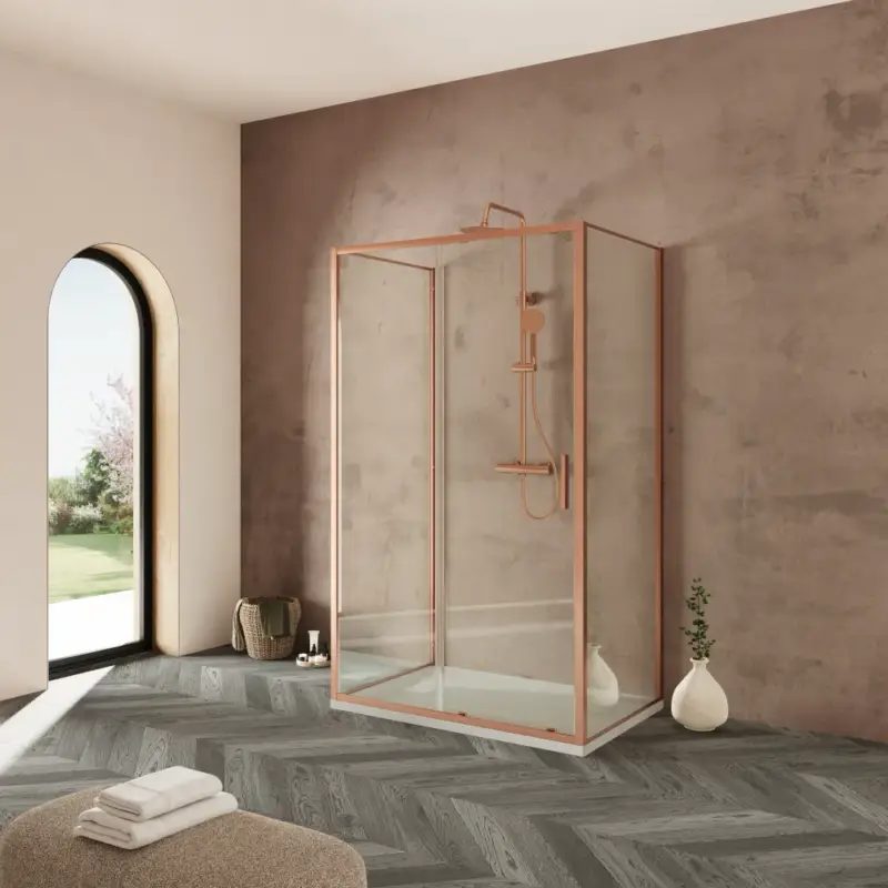 Box doccia tre lati 80x140x80cm con porta scorrevole profili rame spazzolato vetro 6mm trasparente anticalcare h190| Portofino Soddisfatti O Rimborsati