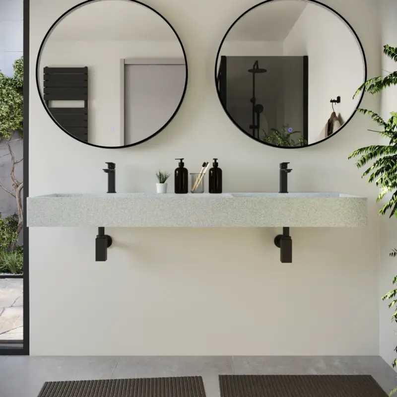 Lavabo sospeso doppia vasca a muro rettangolare 150x48x13 cm in microcemento bianco | Tasman Novità