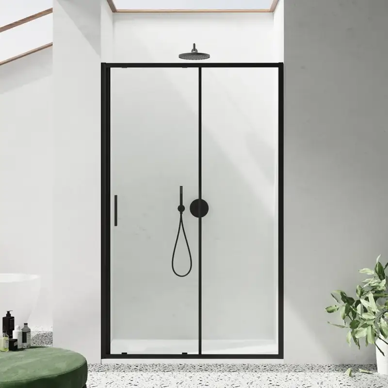 Professionale Porta doccia 150cm profili slim nero opaco vetro 6mm anticalcare trasparente h190 | Portofino