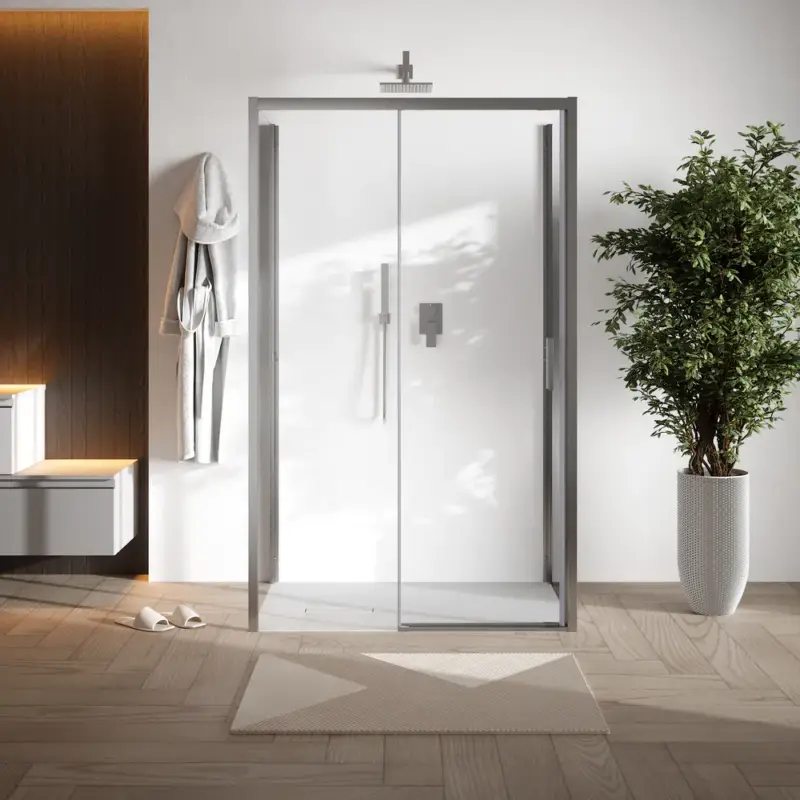 Box doccia tre lati cromato 90x140x90cm porta scorrevole e due pareti fisse vetro 6mm trasparente h190 | Pinus Acquista Ora