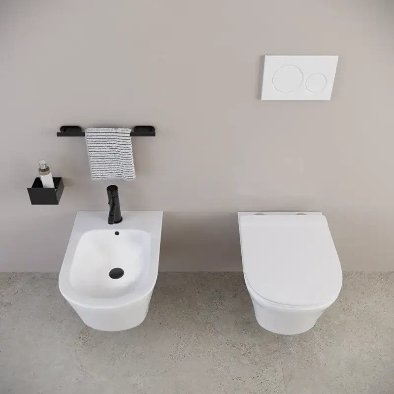 Coppia di sanitari sospesi in ceramica wc e bidet bianco lucido rimless con copri-wc soft-close | Berlino Spedito Oggi