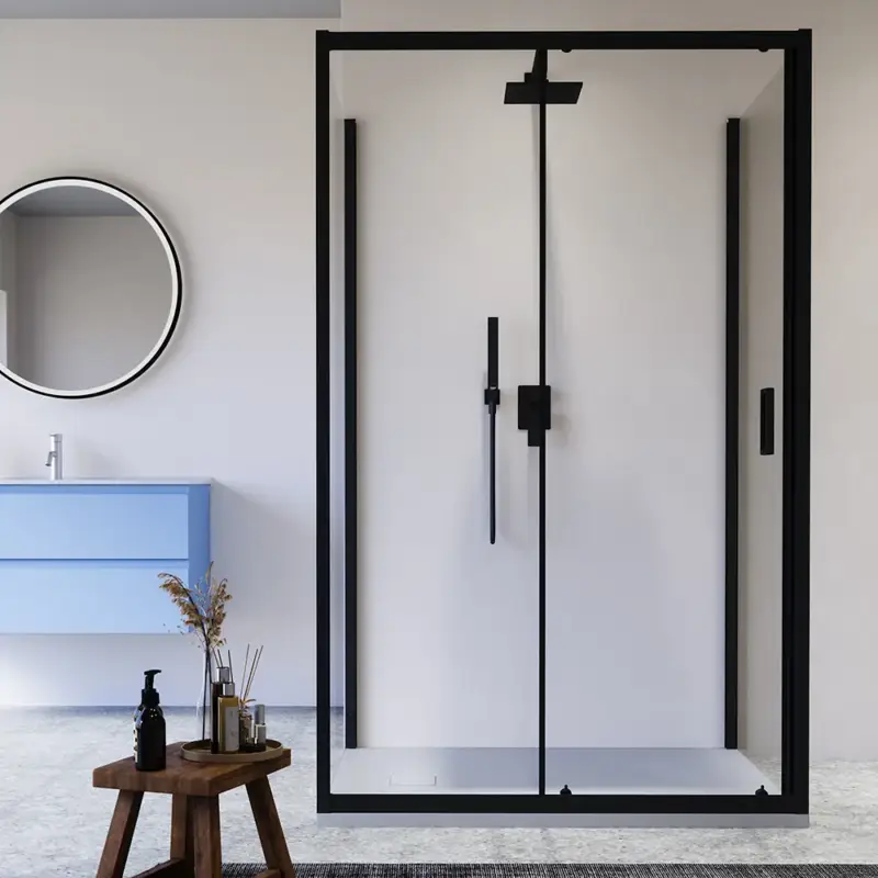 Compra Online Box doccia nero opaco 3 lati 70x120x70cm con porta scorrevole e doppia parete fissa vetro 6mm trasparente h185cm | Madagascar