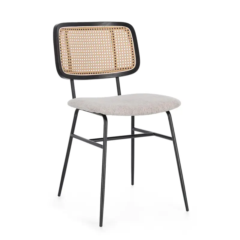 Set 2 sedie seduta natural con gambe in acciaio nero e schienale effetto rattan | Glenna Affare