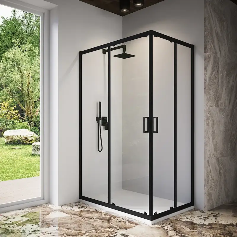 Box doccia 70x120 cm angolare scorrevole profili nero opaco vetro 6mm trasparente h185 | Tonga Sconto