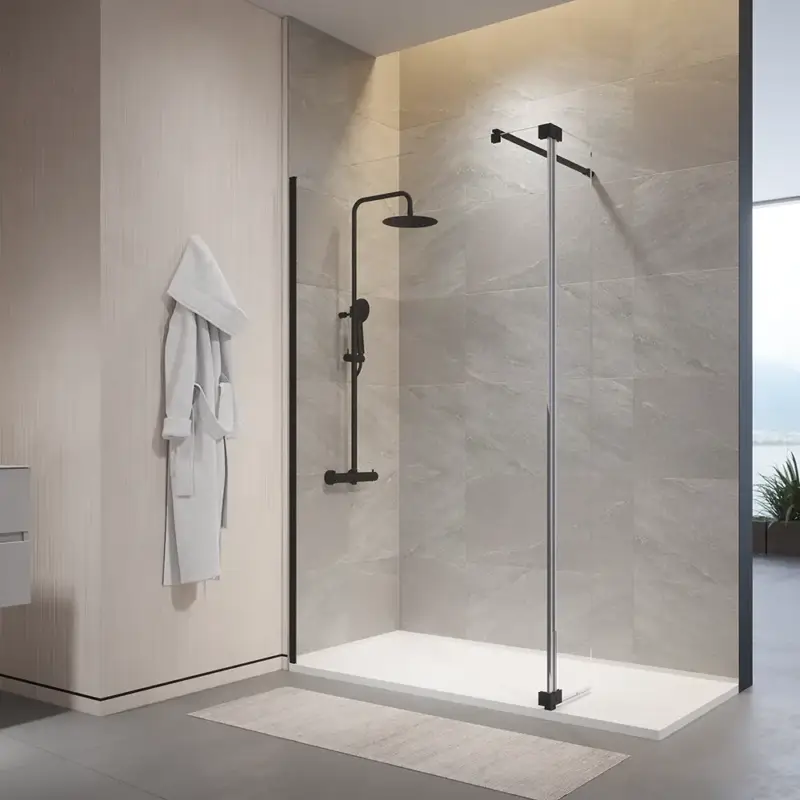 Doccia walk-in 120cm + anta 30cm vetro temperato anticalcare 10mm trasparente profili neri | Naxos Nuova Collezione
