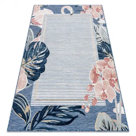 Tappeto strutturale BOTANIC 65240 Fenicottero, foglie piatto sul balcone, terrazzo - blu scuro Spedito Oggi