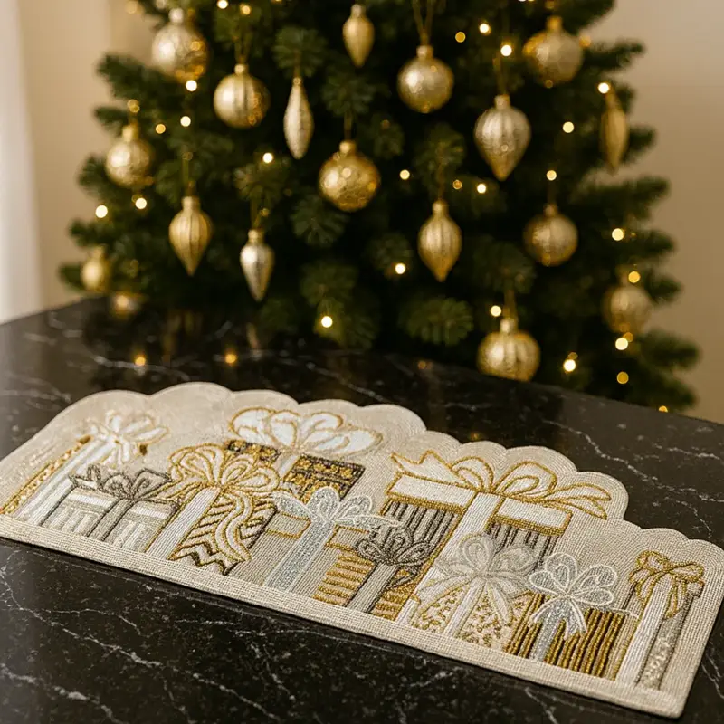 Ultime Pezzi Runner Natalizio Artigianale con Perline – Pacchi Regalo Oro e Argento