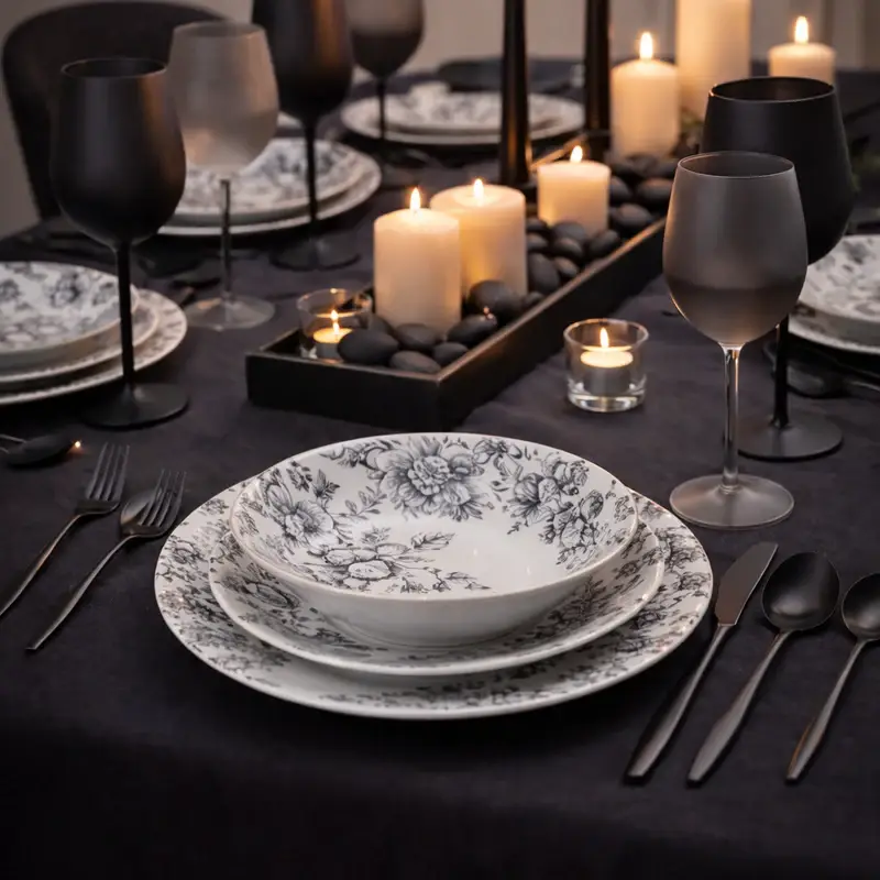Scelto Dai Clienti Servizio Piatti 18 Pezzi in Porcellana Fantasia Fiori Neri Madame Black - Villa D'Este