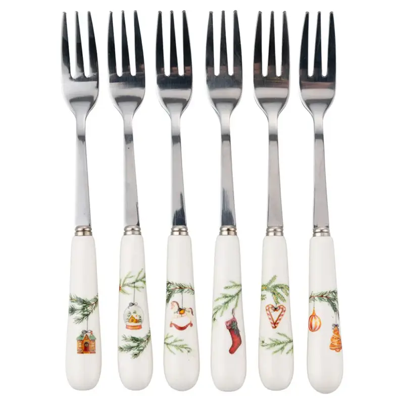 Set 6 Forchettine Natalizie in Acciaio Inox e Ceramica Rametto - Villa D'Este Vendita Finale
