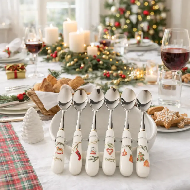 Prezzo Basso Set 6 Cucchiaini Natalizi in Acciaio Inox e Ceramica Rametto - Villa D'Este