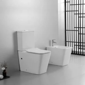 PLAIN - Set Vaso rimless monoblocco coprivaso e bidet a terra filomuro A Buon Prezzo