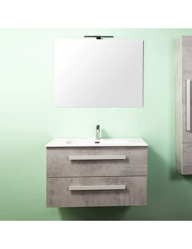 LIRIO - Mobile bagno sospeso cm 90 2 cassetti con lavabo specchio e applique Cemento Chiaro Direttamente Dal Produttore