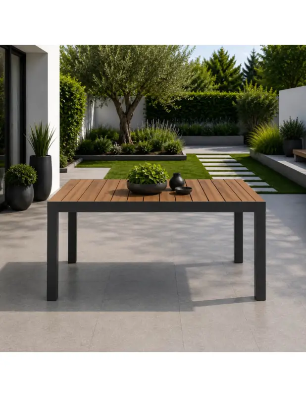 Popolare ELLY - Tavolo da Giardino 160 Allungabile 240 cm in Alluminio – Doghe Effetto Legno Teak – Outdoor/Esterno - Antracite