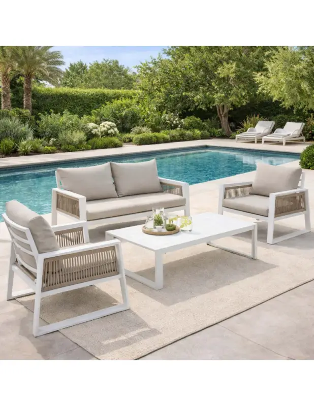 CAPTIVA - Set salotto giardino 4 posti con tavolino in alluminio Bianco e cuscini imbottiti Offerta Speciale