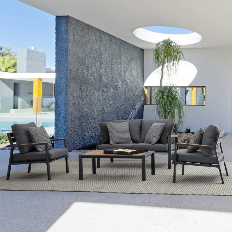 Salottino moderno "Ernst" in alluminio Antracite e polywood effetto legno da giardino e veranda Promozione