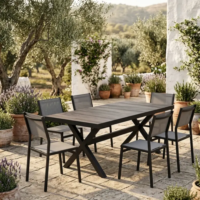 Tavolo "Mykonos" in alluminio Antracite e Gres porcellanato per esterno 200x100 cm Direttamente Dal Produttore
