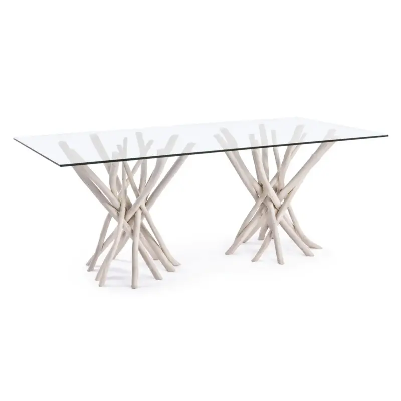 Tavolo "C-V Sahel", con gambe in rami di teak, piano in vetro temperato, stile moderno Prezzo Basso